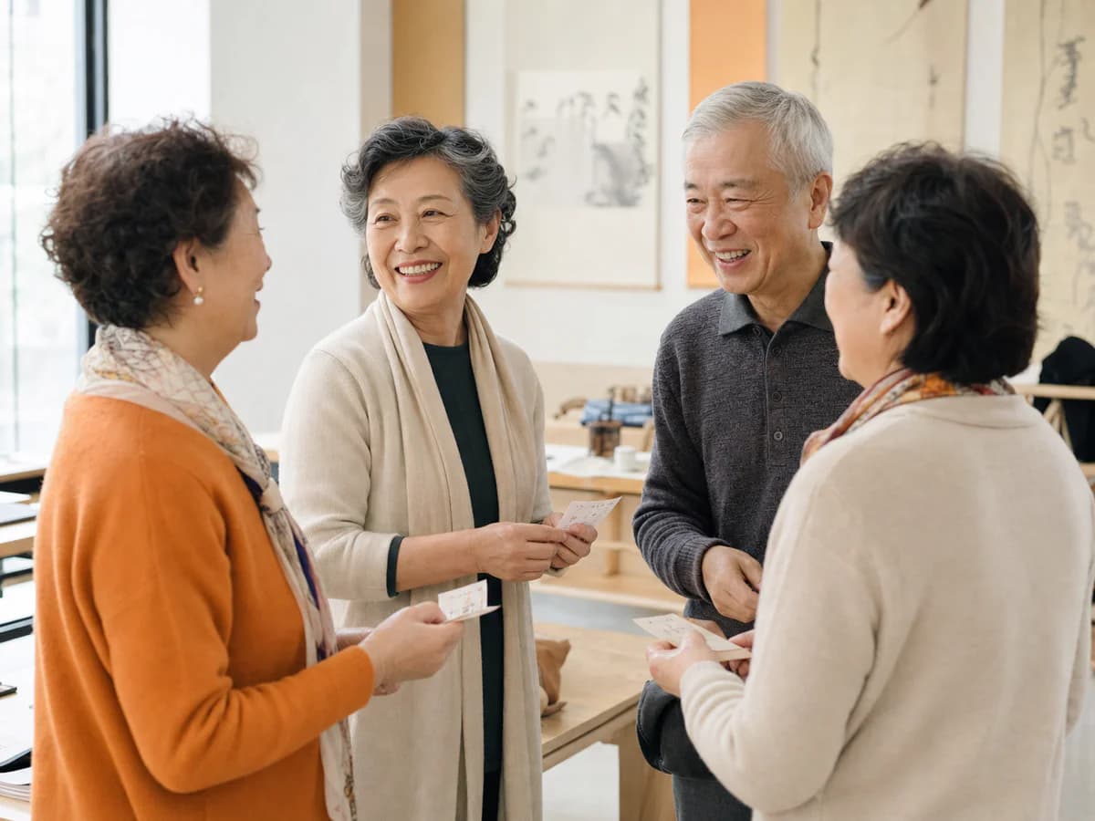 银发伙伴在室内兴趣活动中交流