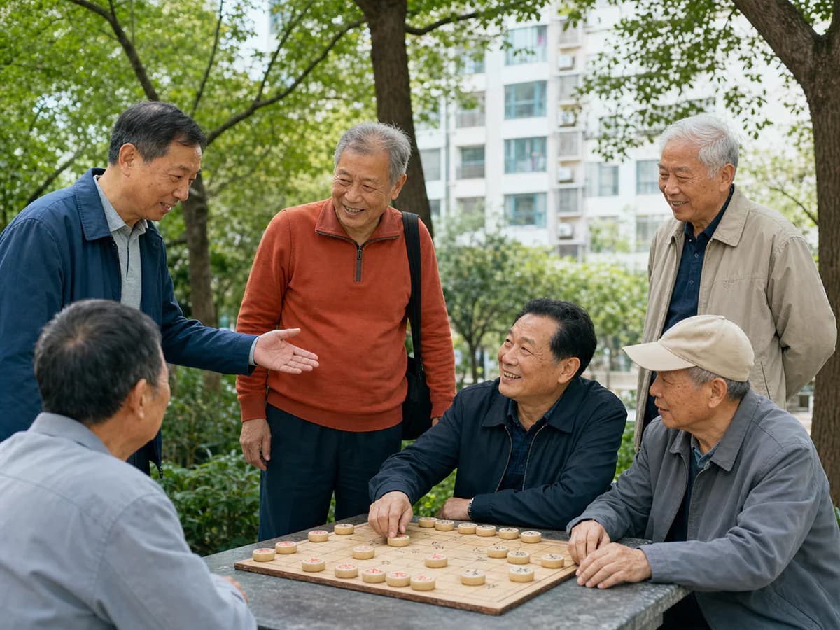 社区公园里银发伙伴围坐下棋交流